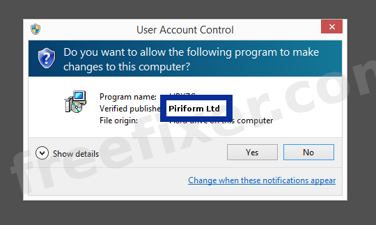 Screenshot where Piriform Ltd appears as the verified publisher in the UAC dialog